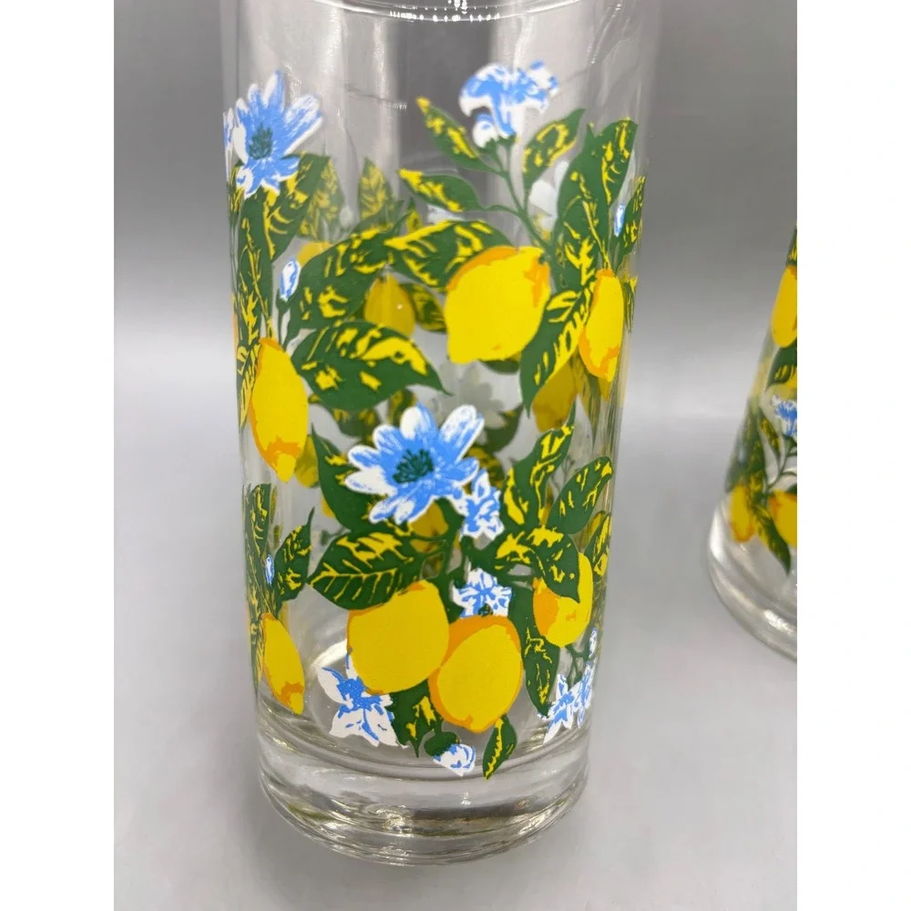 Vtg Royal‎ Norfolk Lemon and Blue Floral Drinking Glasses Set of 2 Tall Tumblers